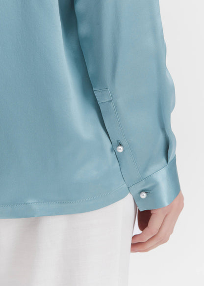 Classic Pearl Button Silk Shirt Blue Haze