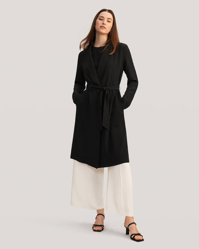 Women Mid-length Solid Color Silk Trench Coat Black