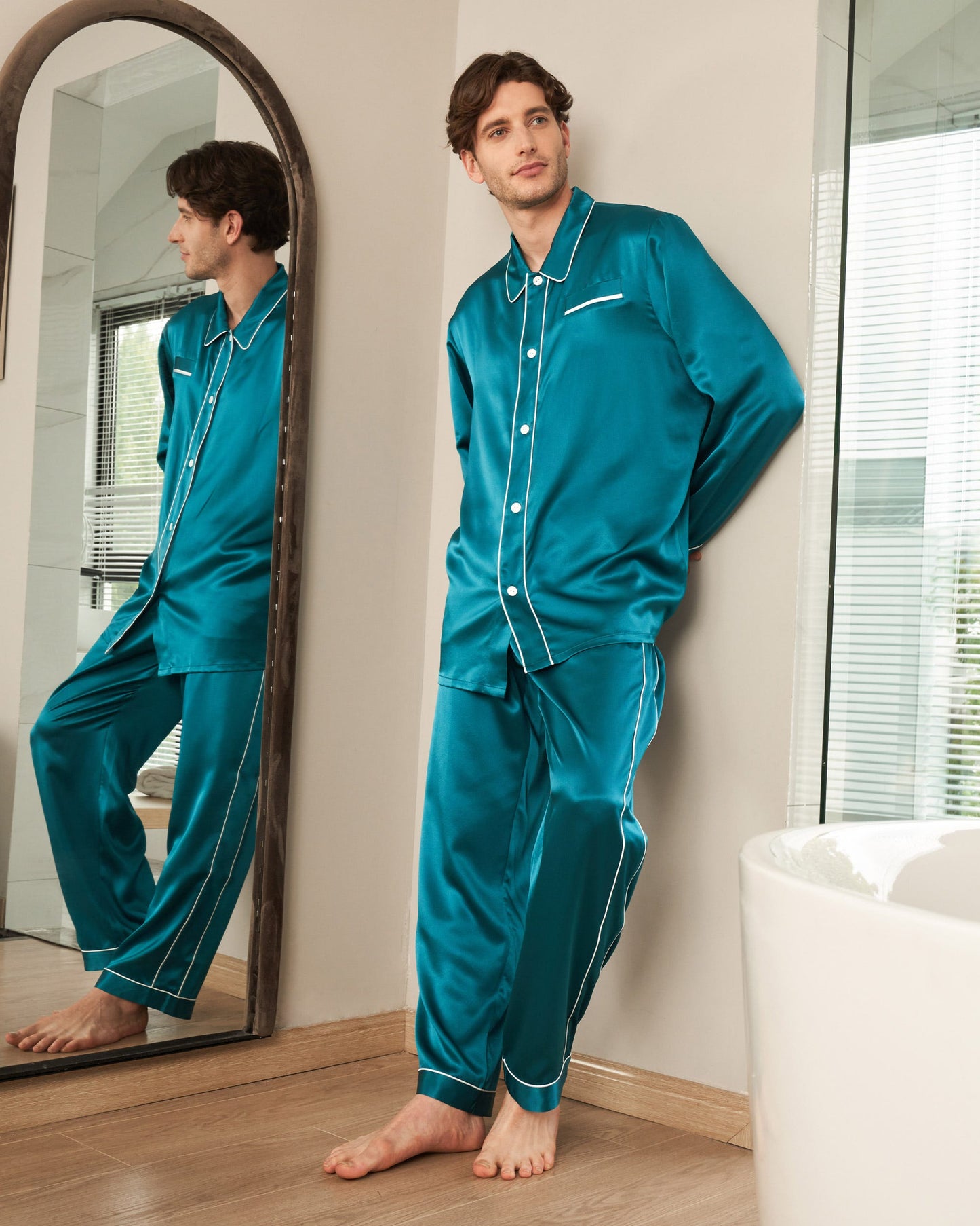 22 Momme Unique Silk Pajamas Set with Double Row Pipping