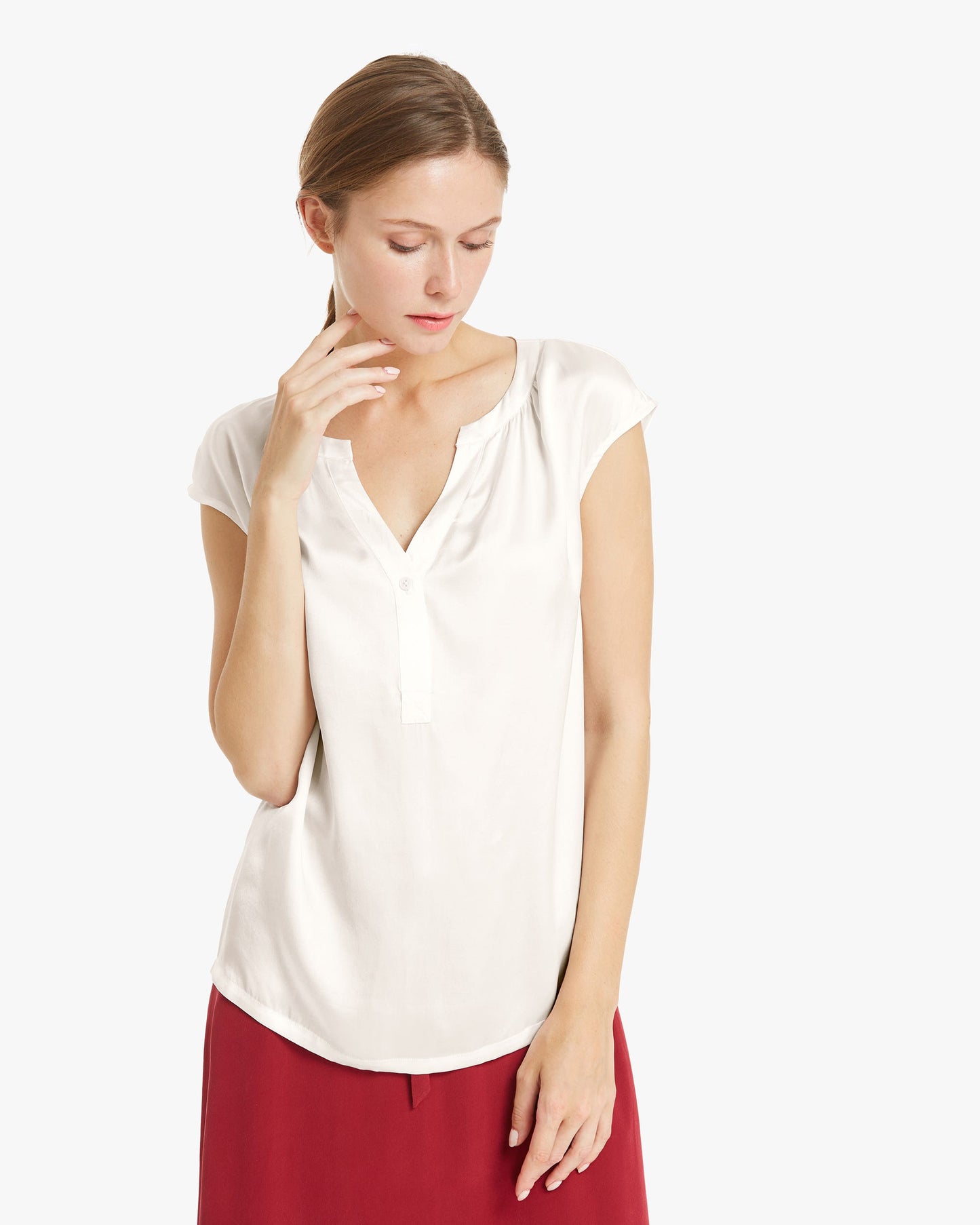 Casual V Neck Silk T Shirt White LILYSILK Factory