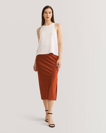 Flattering Side Slit Silk Midi Skirt