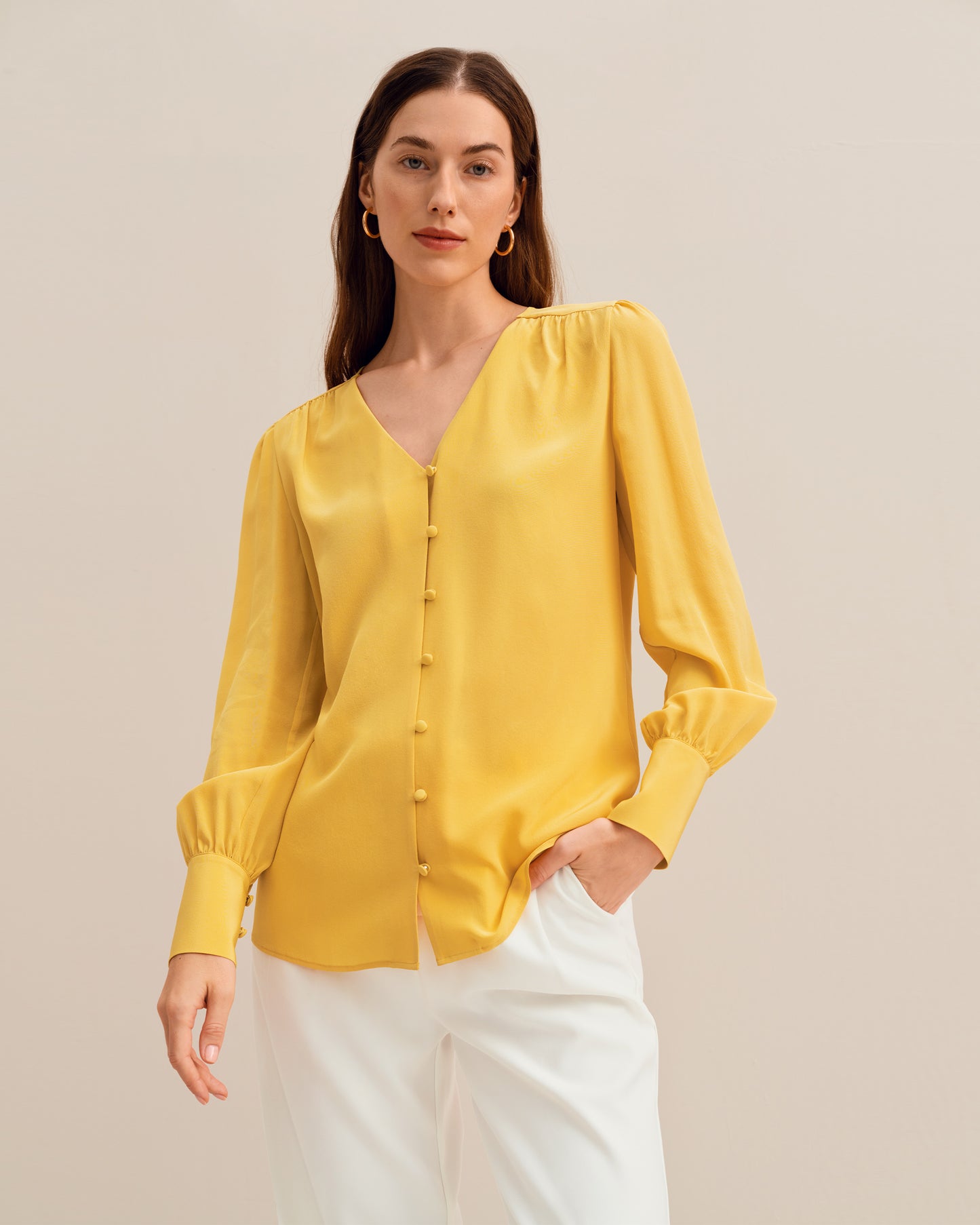 MIM Covered Button Silk Blouse Ginger