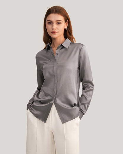 Basic Concealed Placket Silk Shirt Deep Grey