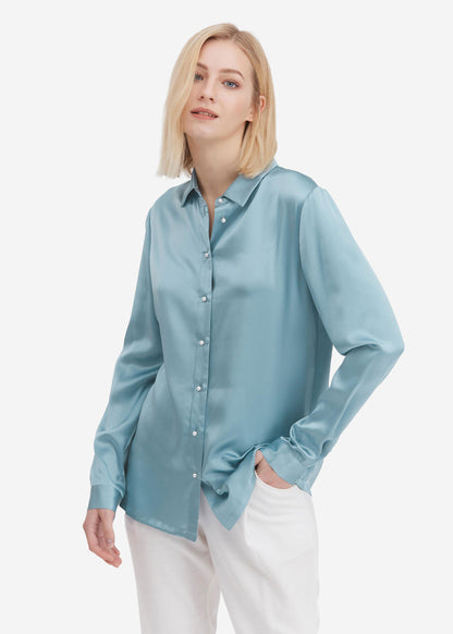 Classic Pearl Button Silk Shirt Blue Haze