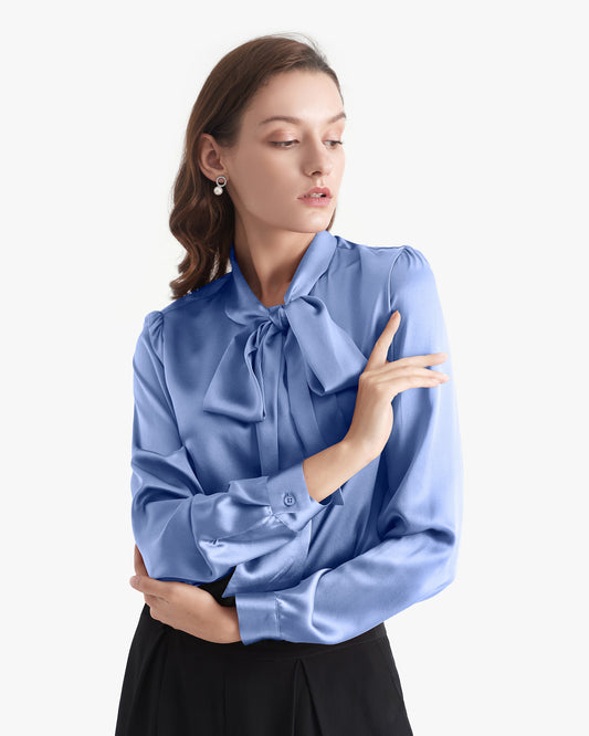 Bow-tie Neck Silk Blouse French Blue