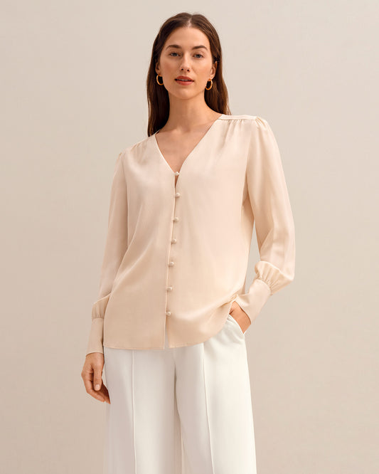 MIM Covered Button Silk Blouse Sand
