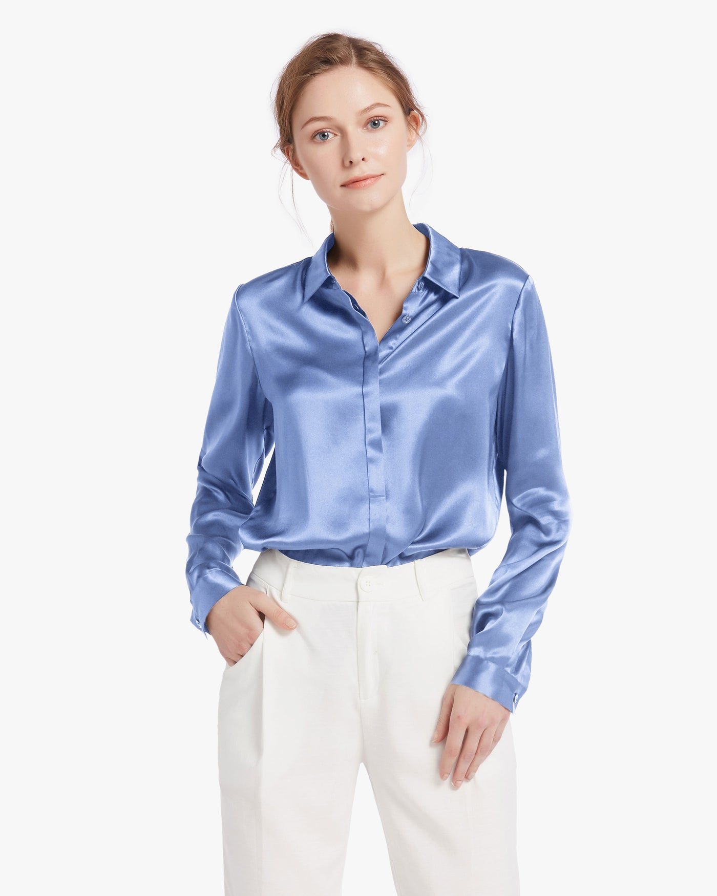Basic Concealed Placket Silk Shirt French Blue