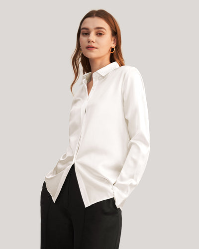 Basic Concealed Placket women Silk Shirt Ivory