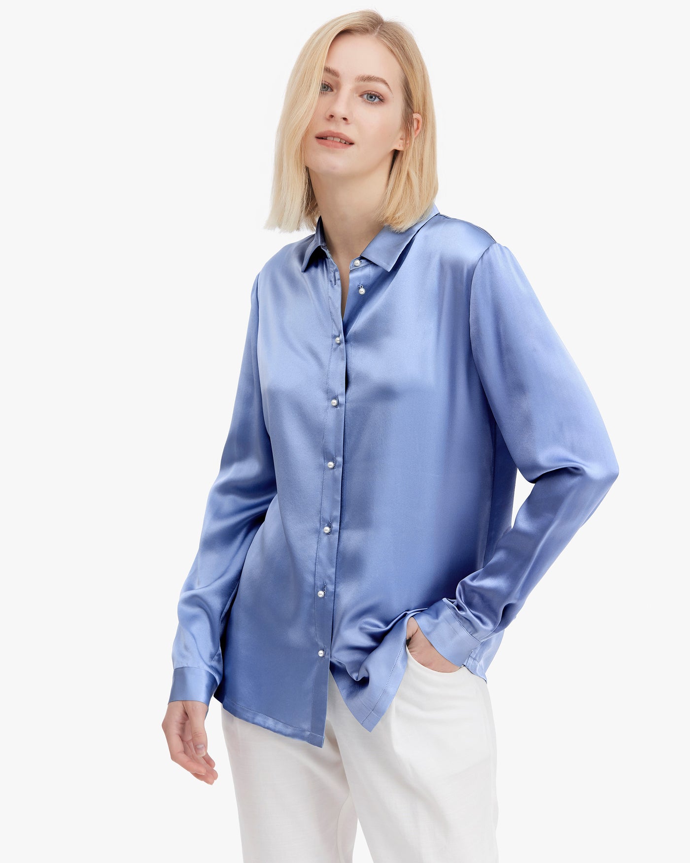 Classic Pearl Button Silk Shirt French Blue