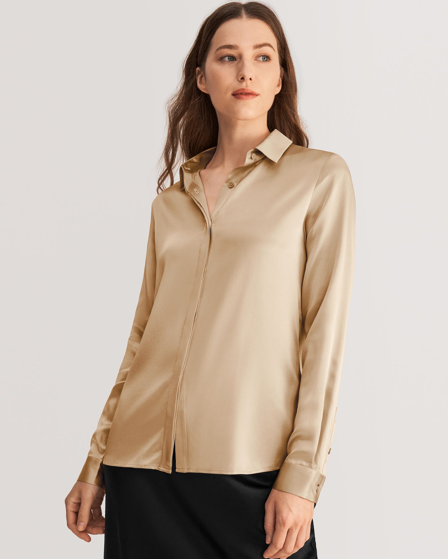 Basic Concealed Placket Silk Shirt Light Camel