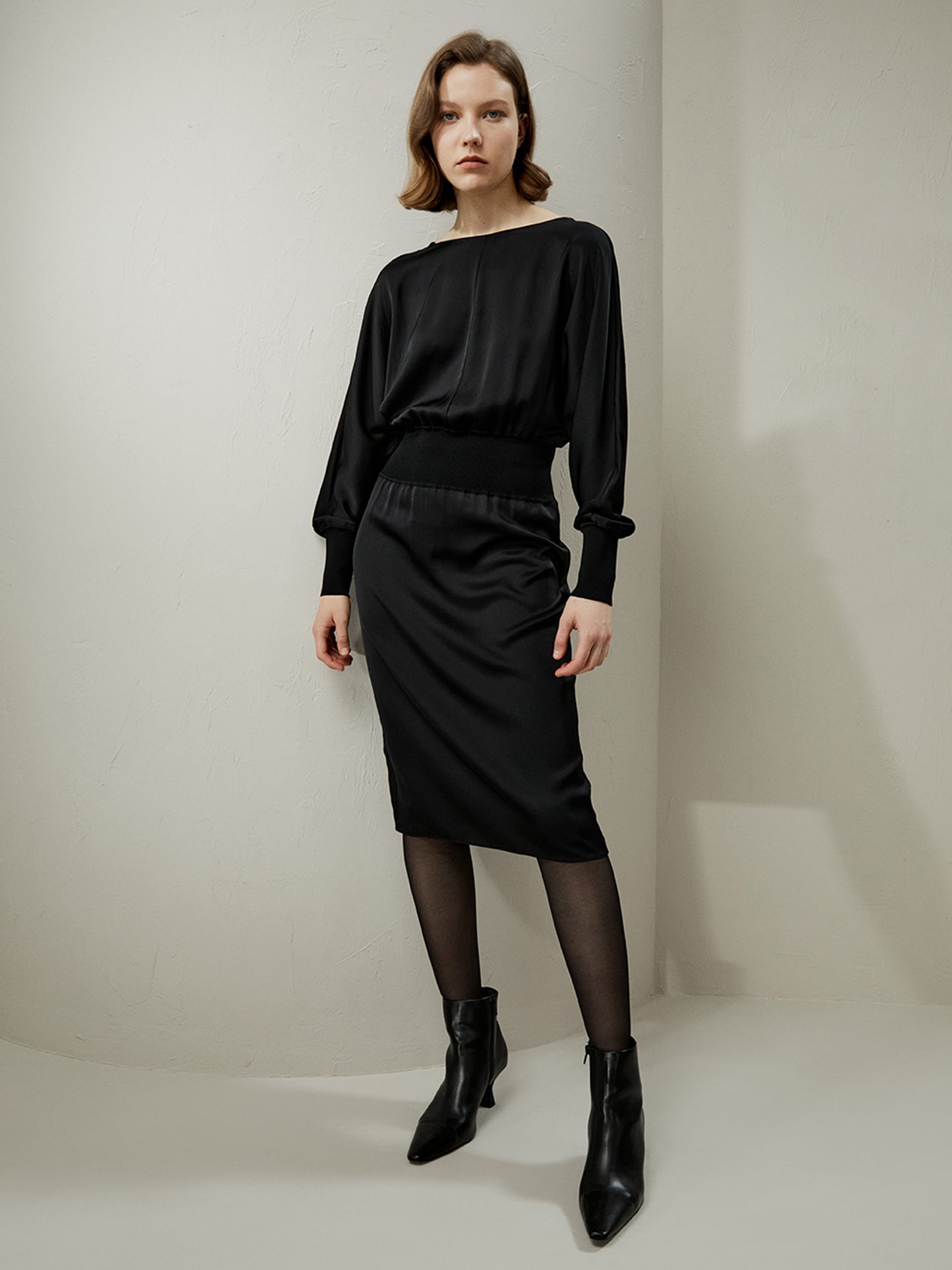 Boatneck Casual Silk Midi Dress LILYSILK Official Outlet Store