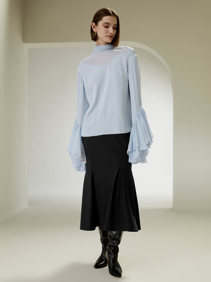 Mock Neck Silk Blouse with Trumpet Sleeves