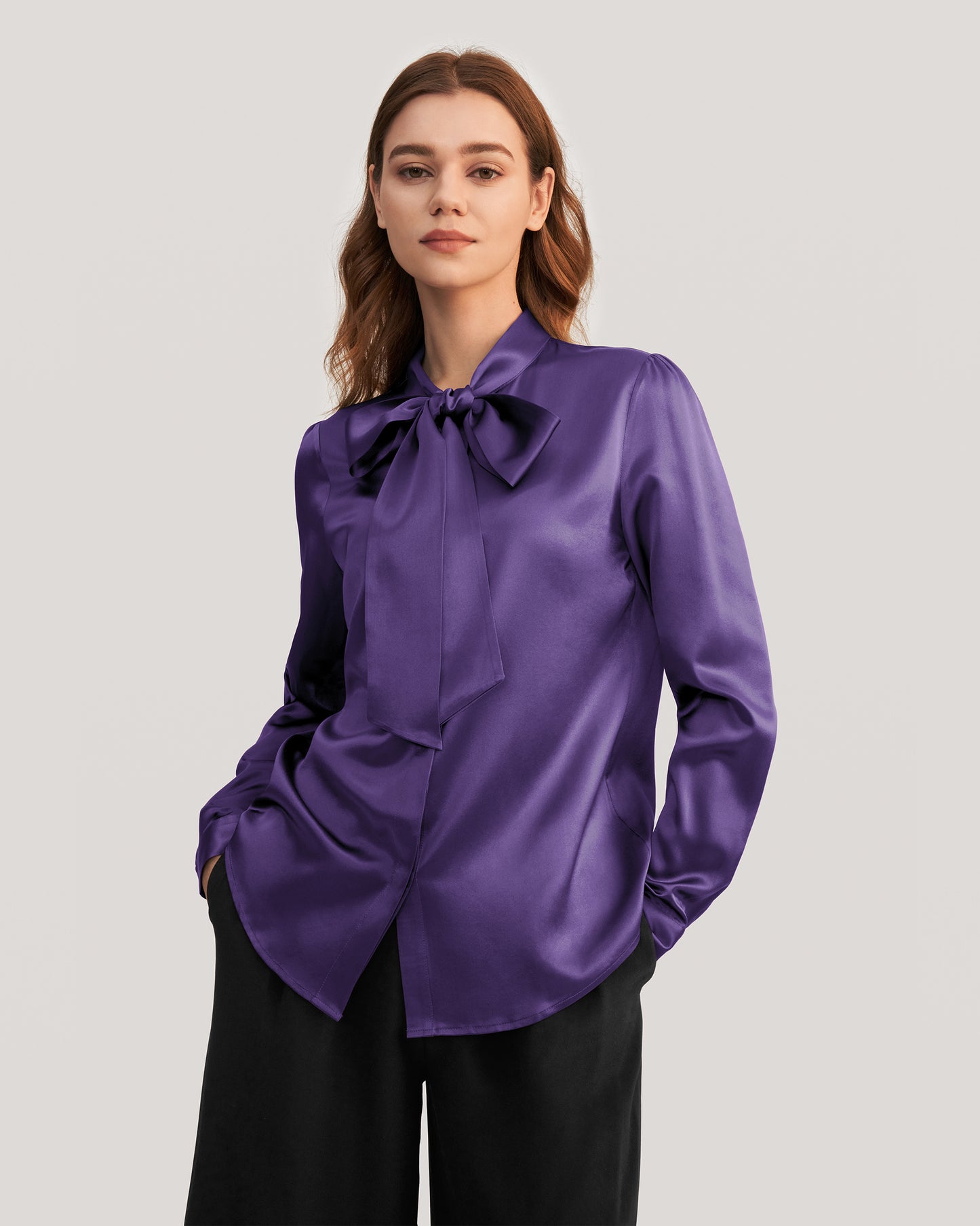 Bow-tie Neck Silk Blouse Purple