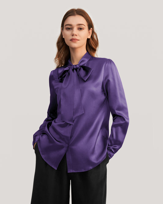 Bow-tie Neck Silk Blouse Purple