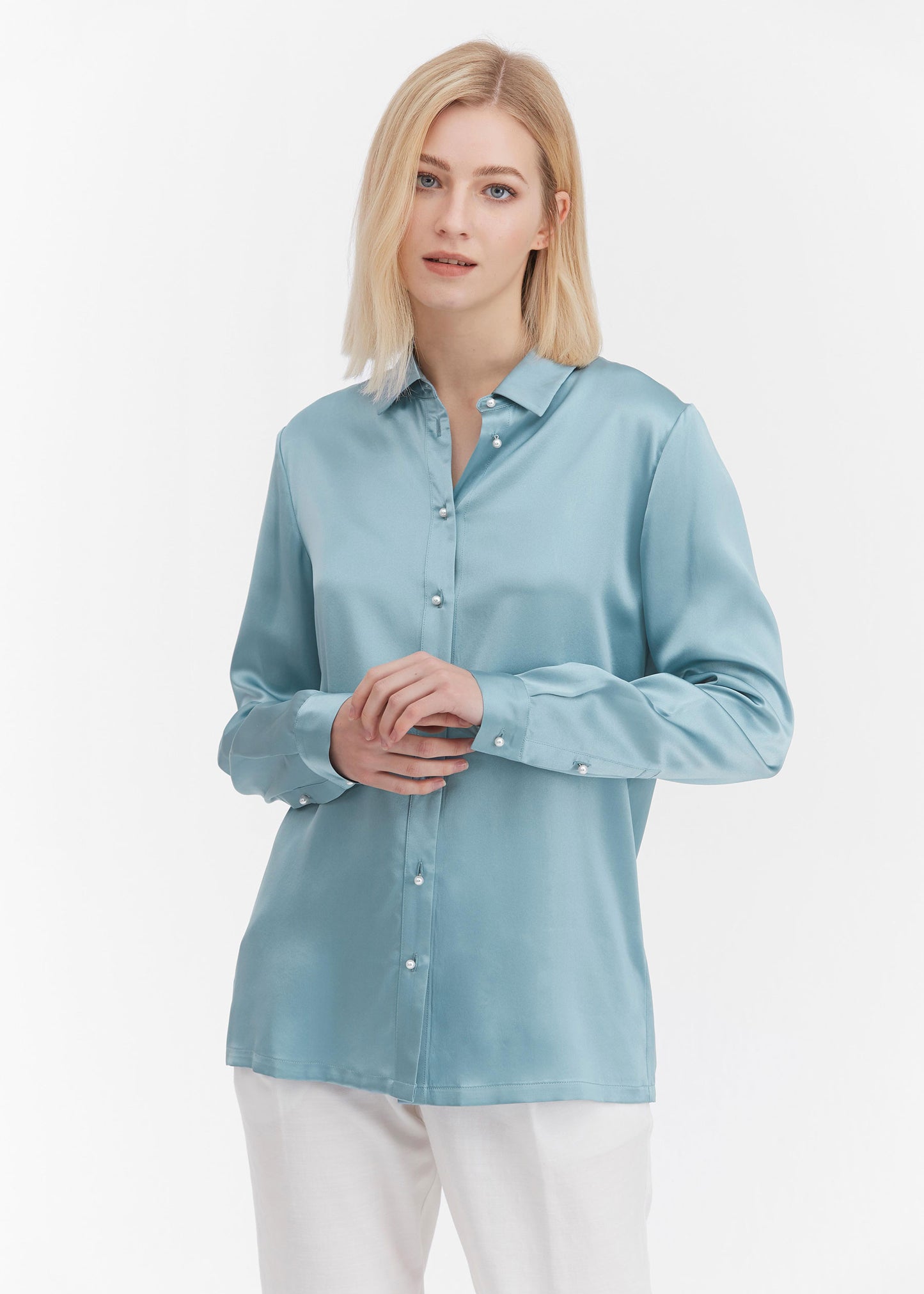 Classic Pearl Button Silk Shirt Blue Haze