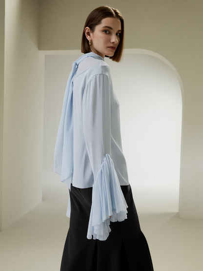 Mock Neck Silk Blouse with Trumpet Sleeves