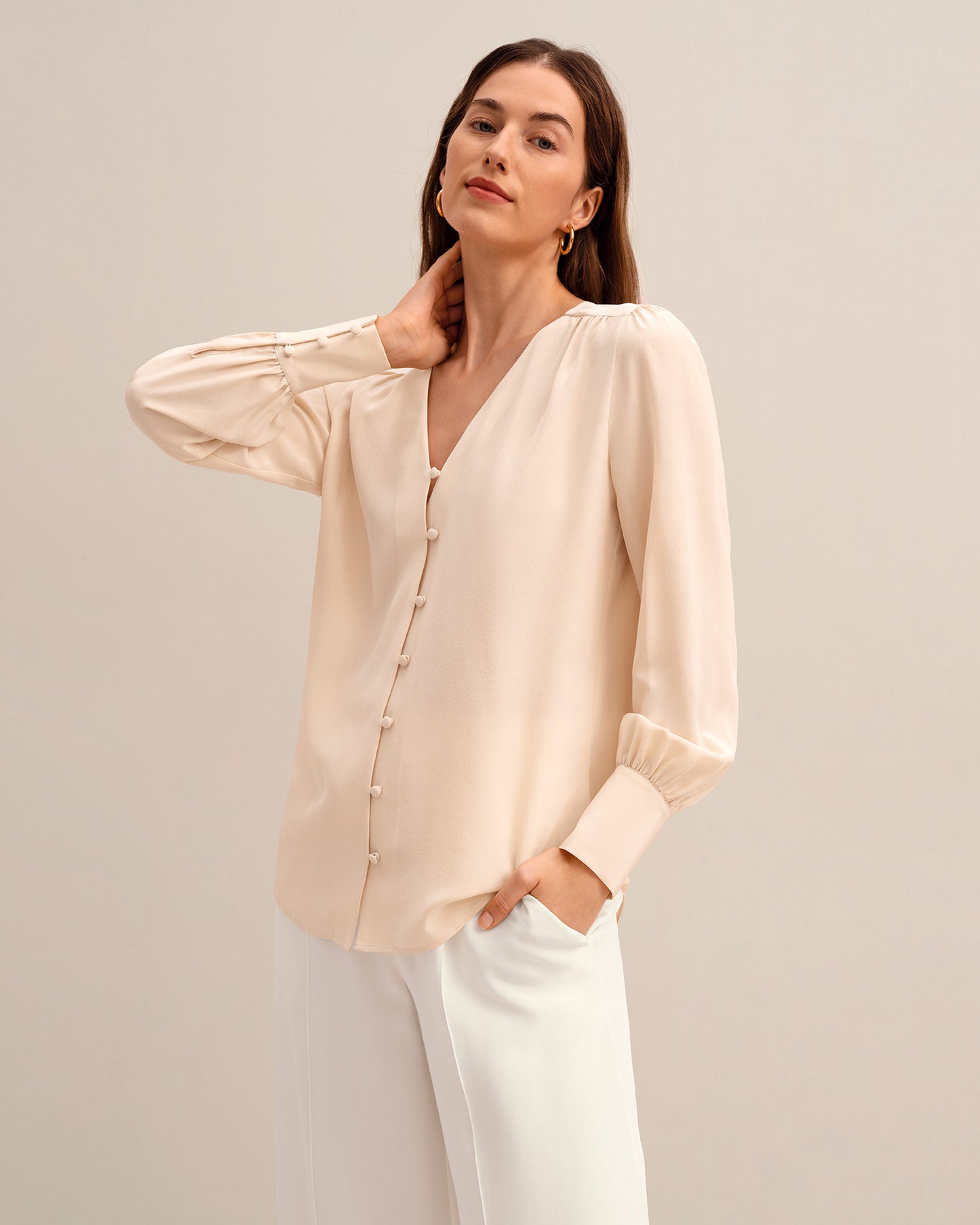 MIM Covered Button Silk Blouse Sand