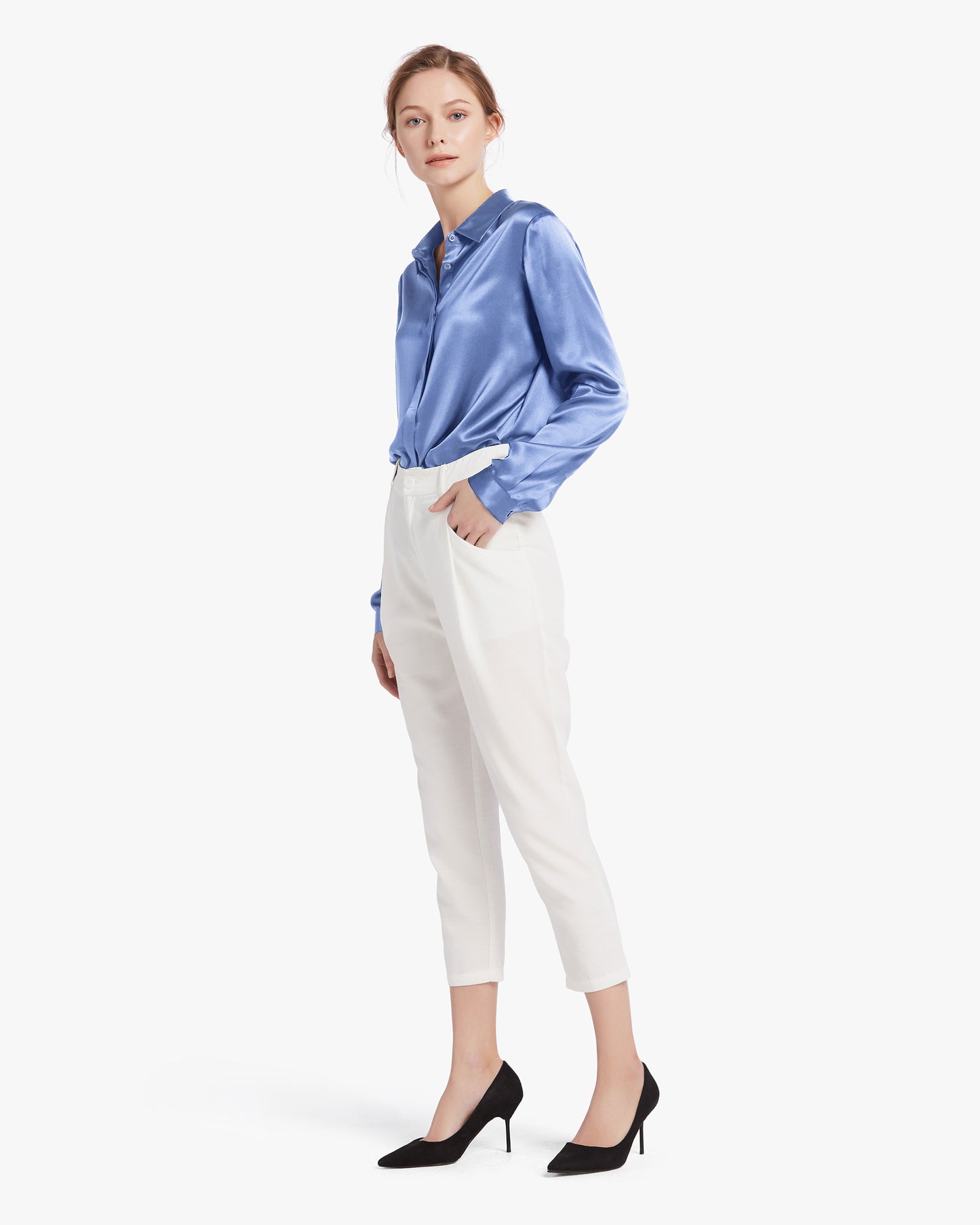 Basic Concealed Placket Silk Shirt French Blue