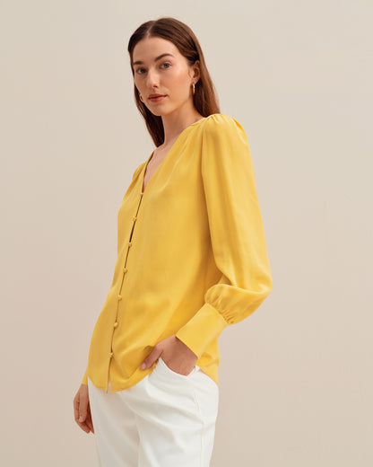 MIM Covered Button Silk Blouse Ginger