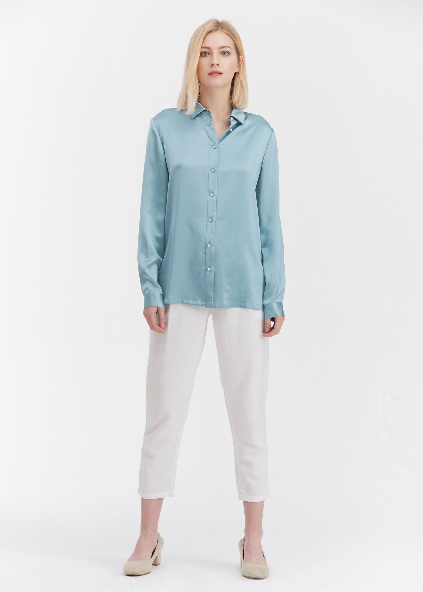 Classic Pearl Button Silk Shirt Blue Haze