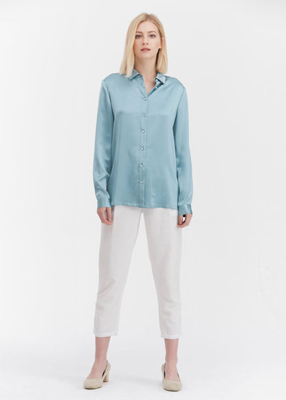 Classic Pearl Button Silk Shirt Blue Haze