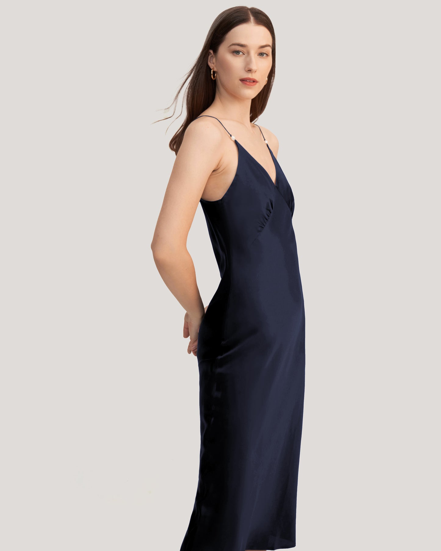 Elegant V Neck Silk Dress With Pearl Navy Blue