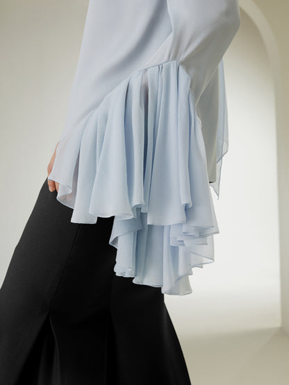 Mock Neck Silk Blouse with Trumpet Sleeves