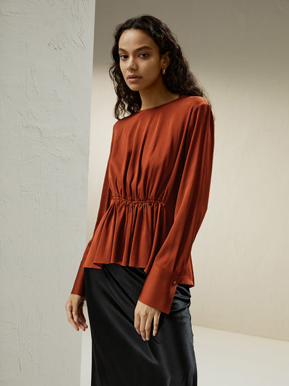 Ruffled Boatneck Long Sleeve Blouse