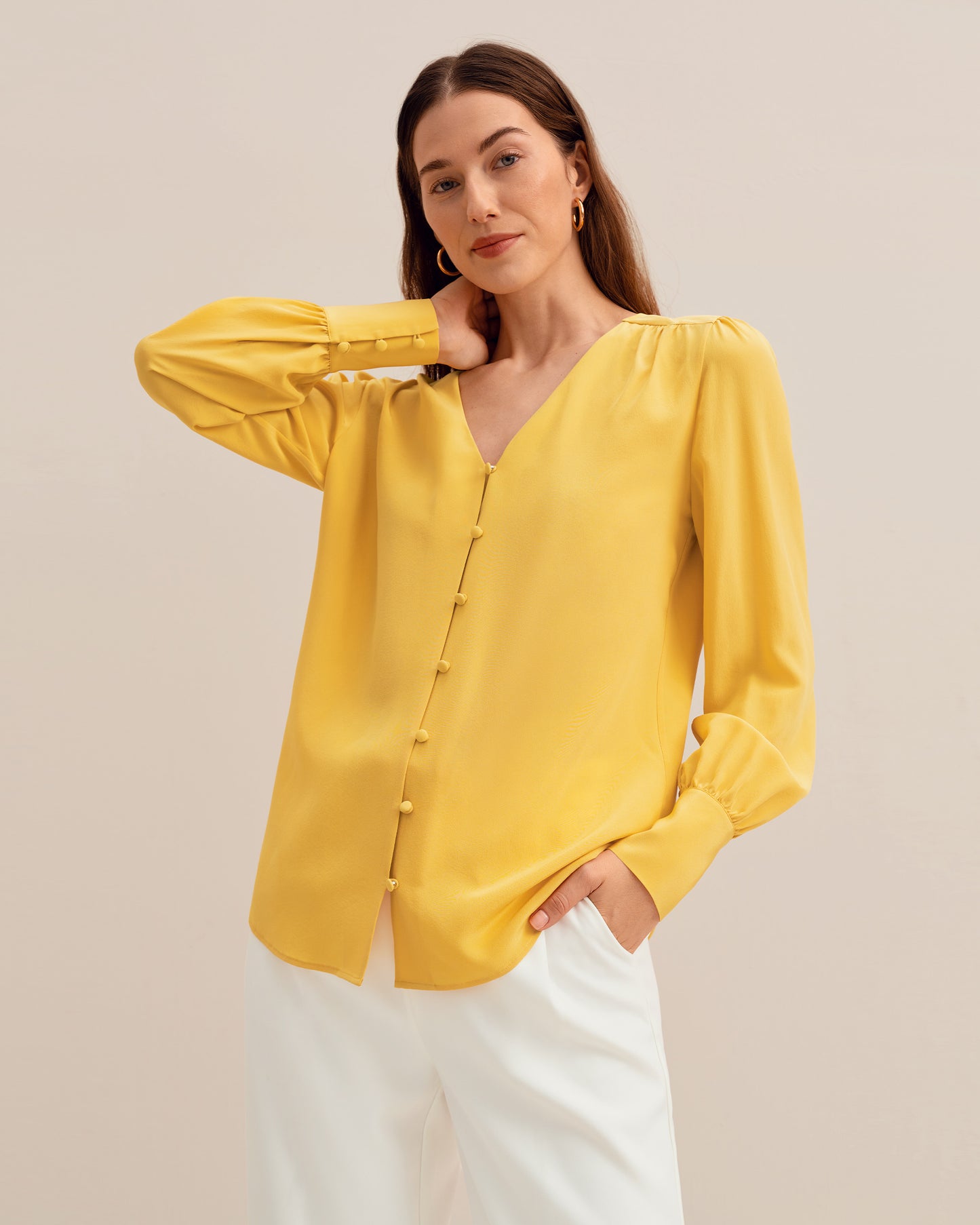 MIM Covered Button Silk Blouse Ginger