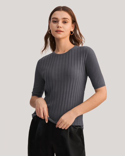 Short Sleeve Basic Silk Knit Tee Dark Gray