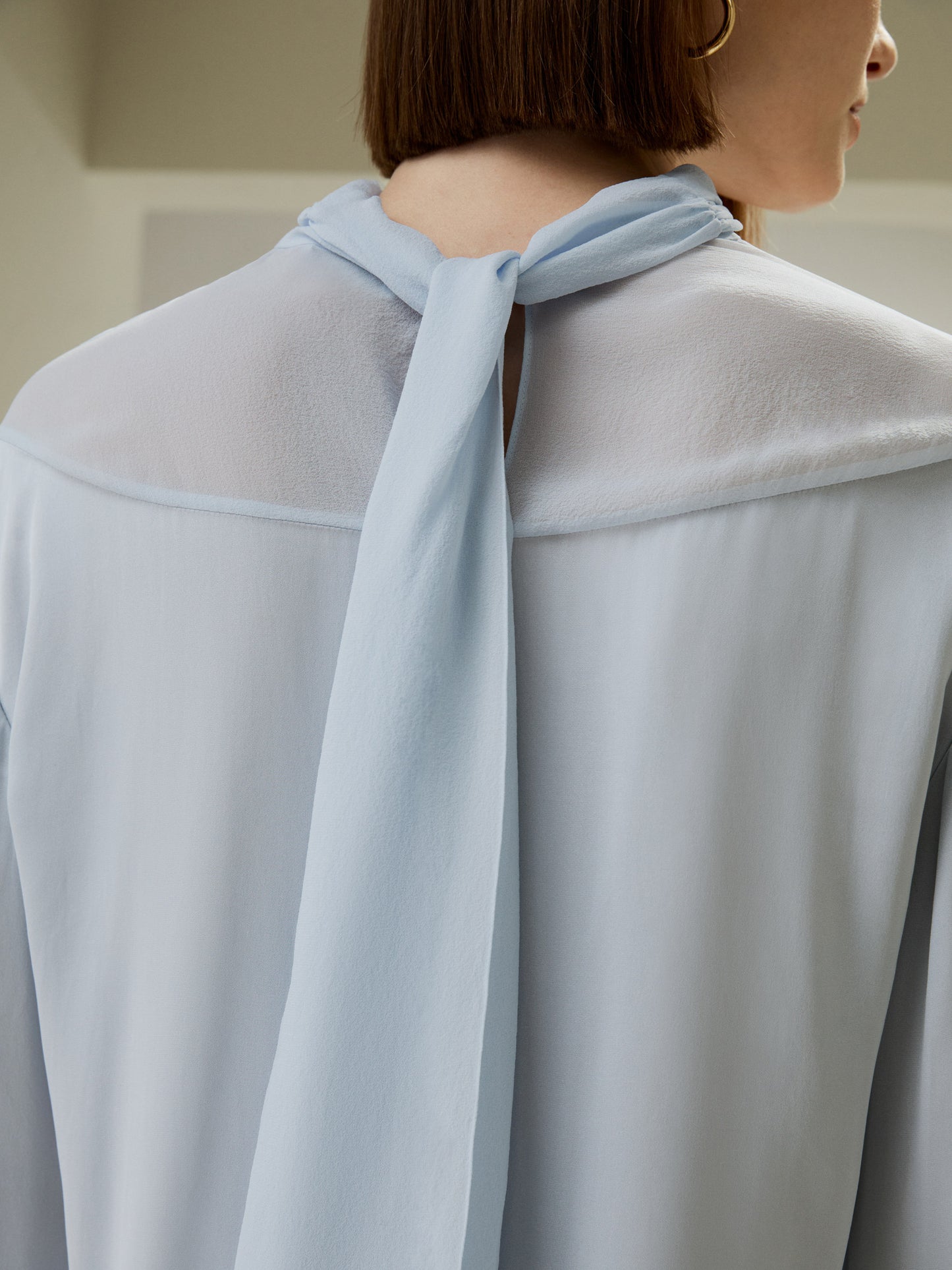 Mock Neck Silk Blouse with Trumpet Sleeves