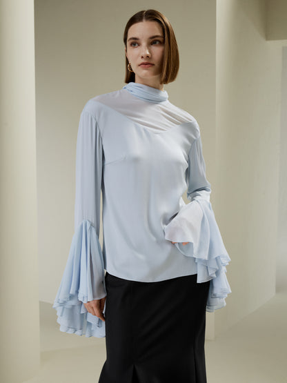 Mock Neck Silk Blouse with Trumpet Sleeves