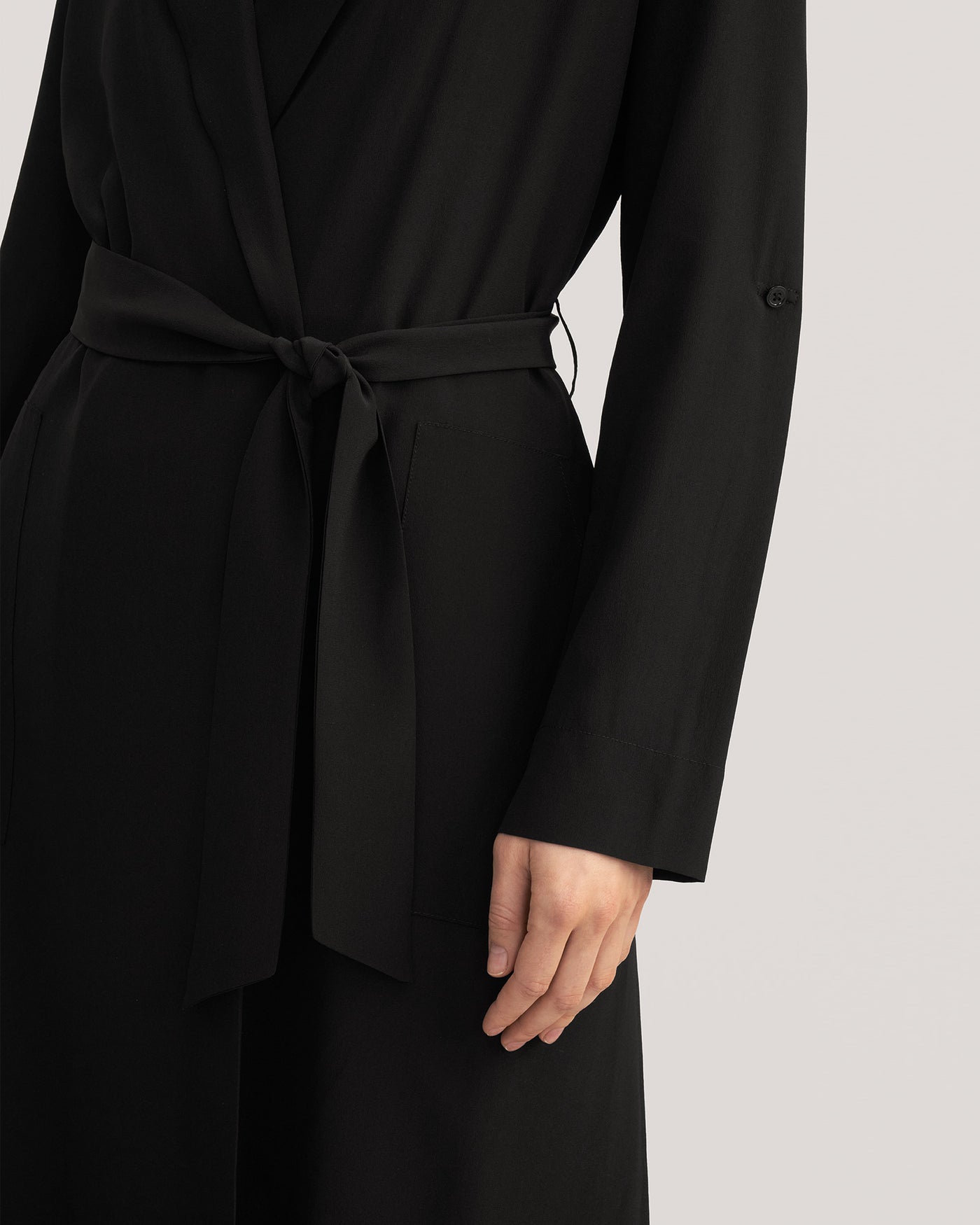 Women Mid-length Solid Color Silk Trench Coat Black