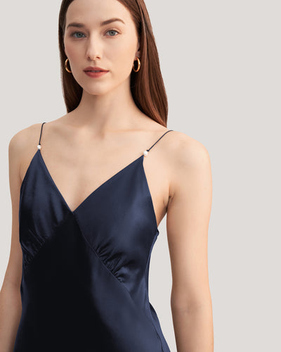 Elegant V Neck Silk Dress With Pearl Navy Blue