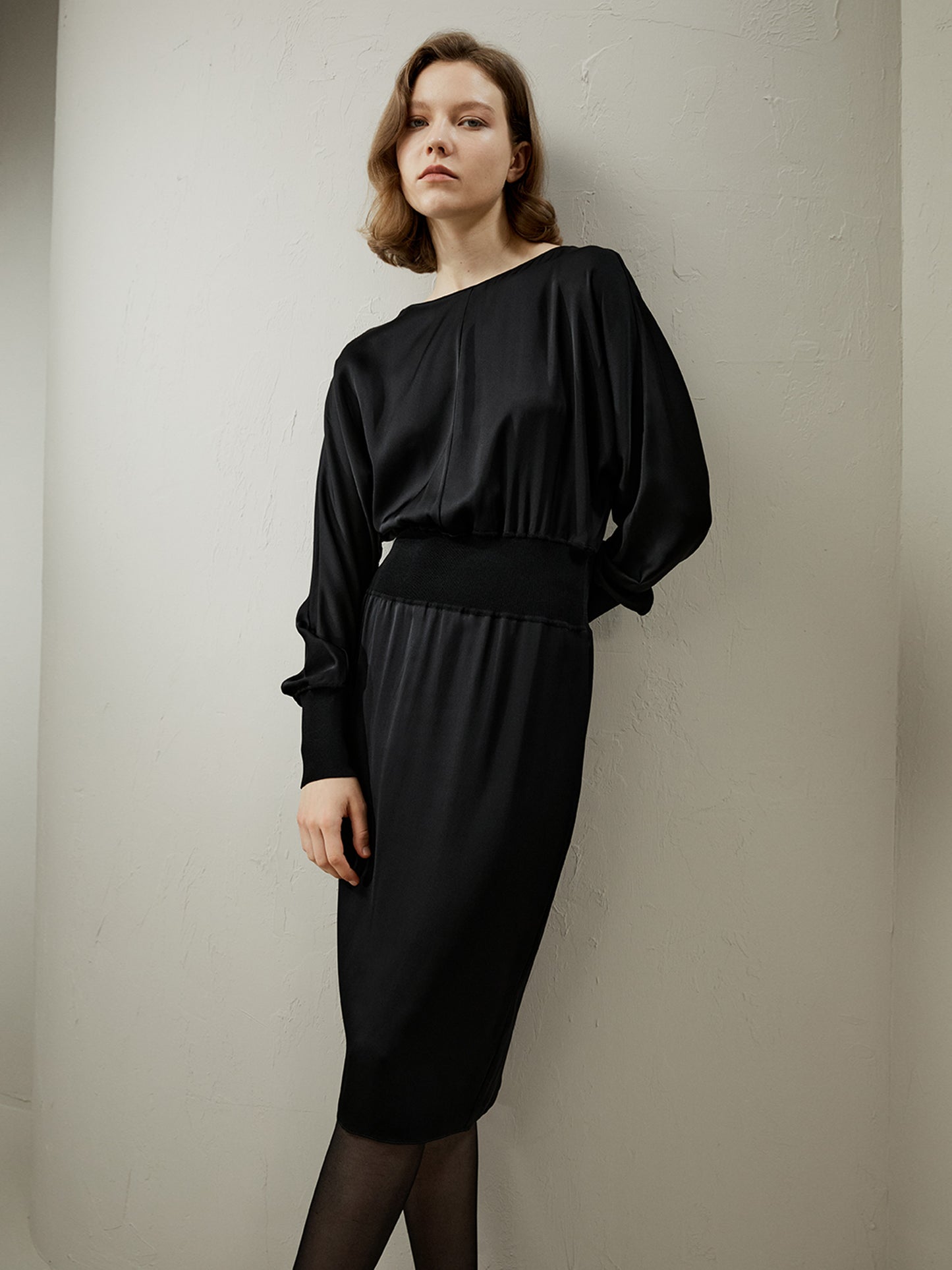 Boatneck Casual Silk Midi Dress LILYSILK Official Outlet Store