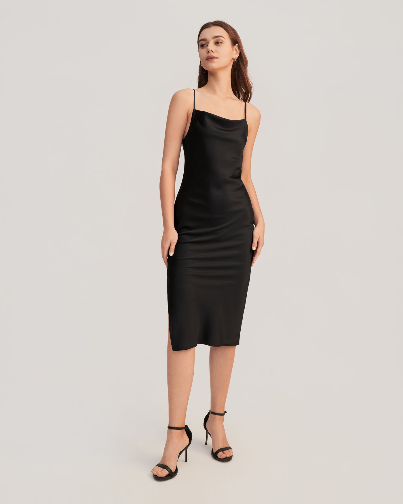 Elegant Alluring Cowl Neck Silk Slip Dress Black