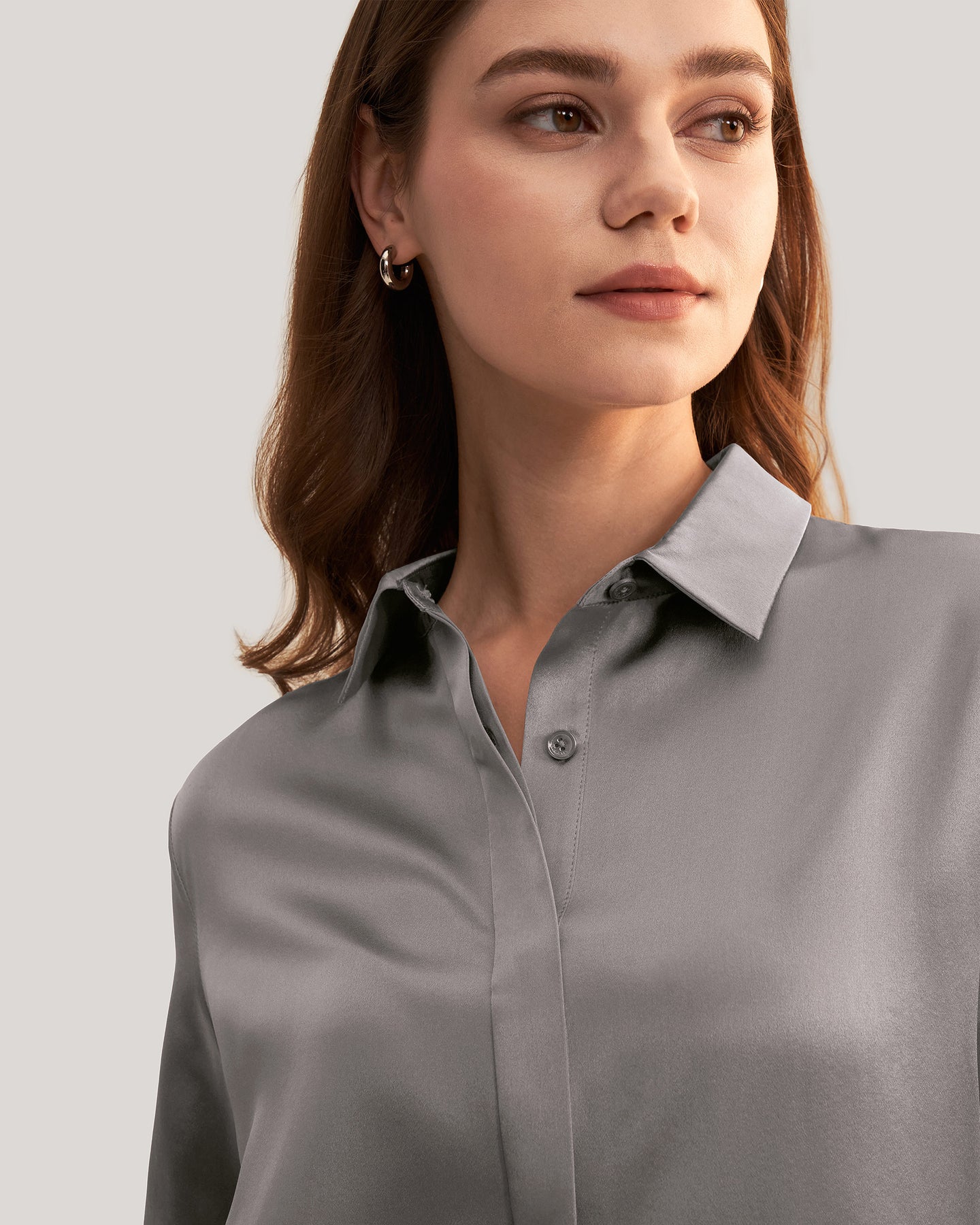 Basic Concealed Placket Silk Shirt Deep Grey 6385