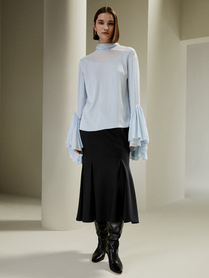 Mock Neck Silk Blouse with Trumpet Sleeves