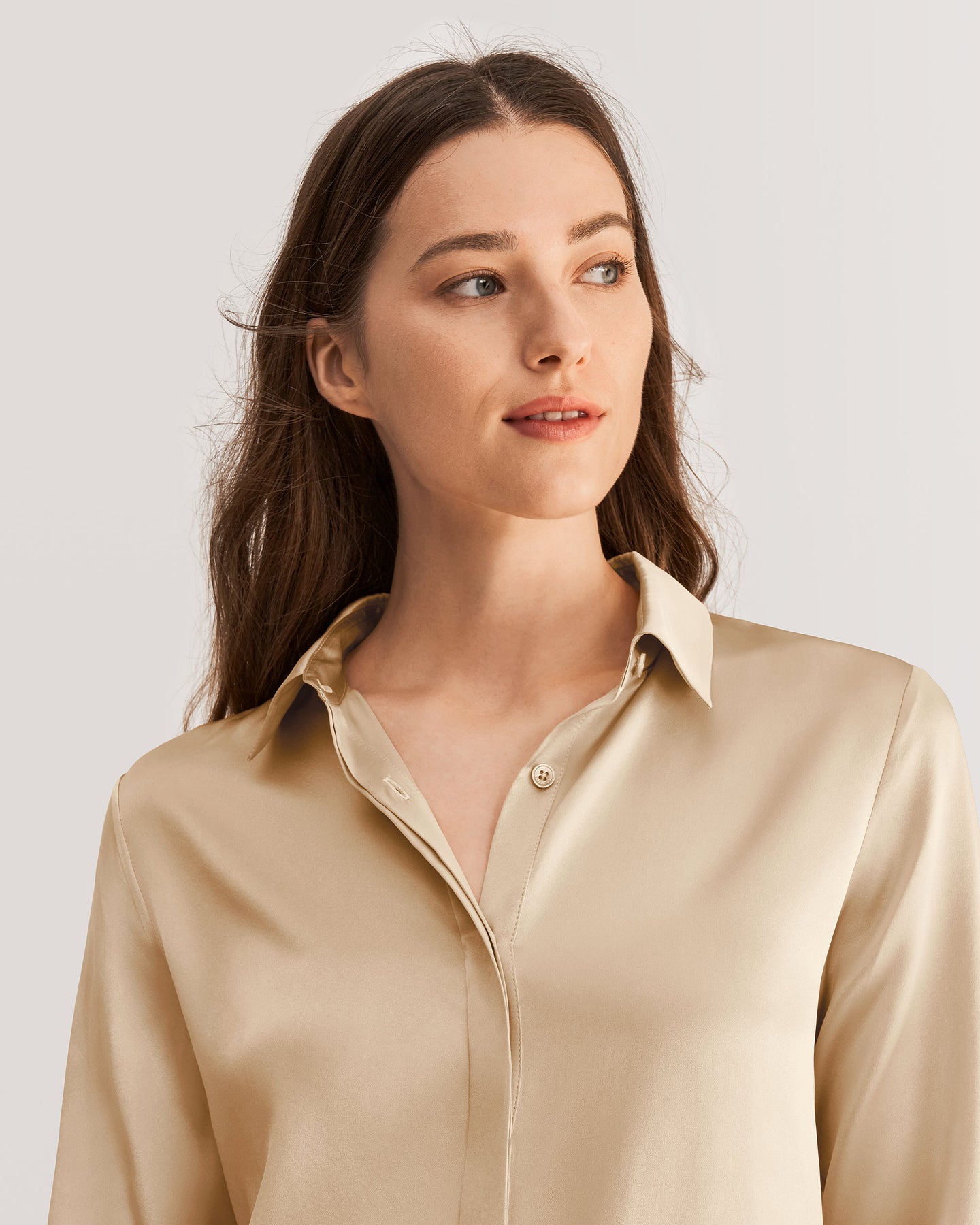 Basic Concealed Placket Silk Shirt Light Camel 0572