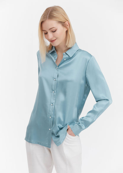 Classic Pearl Button Silk Shirt Blue Haze