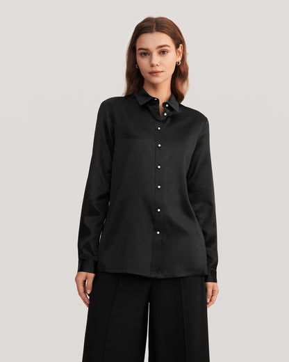 Classic Pearl Button Silk Shirt Black