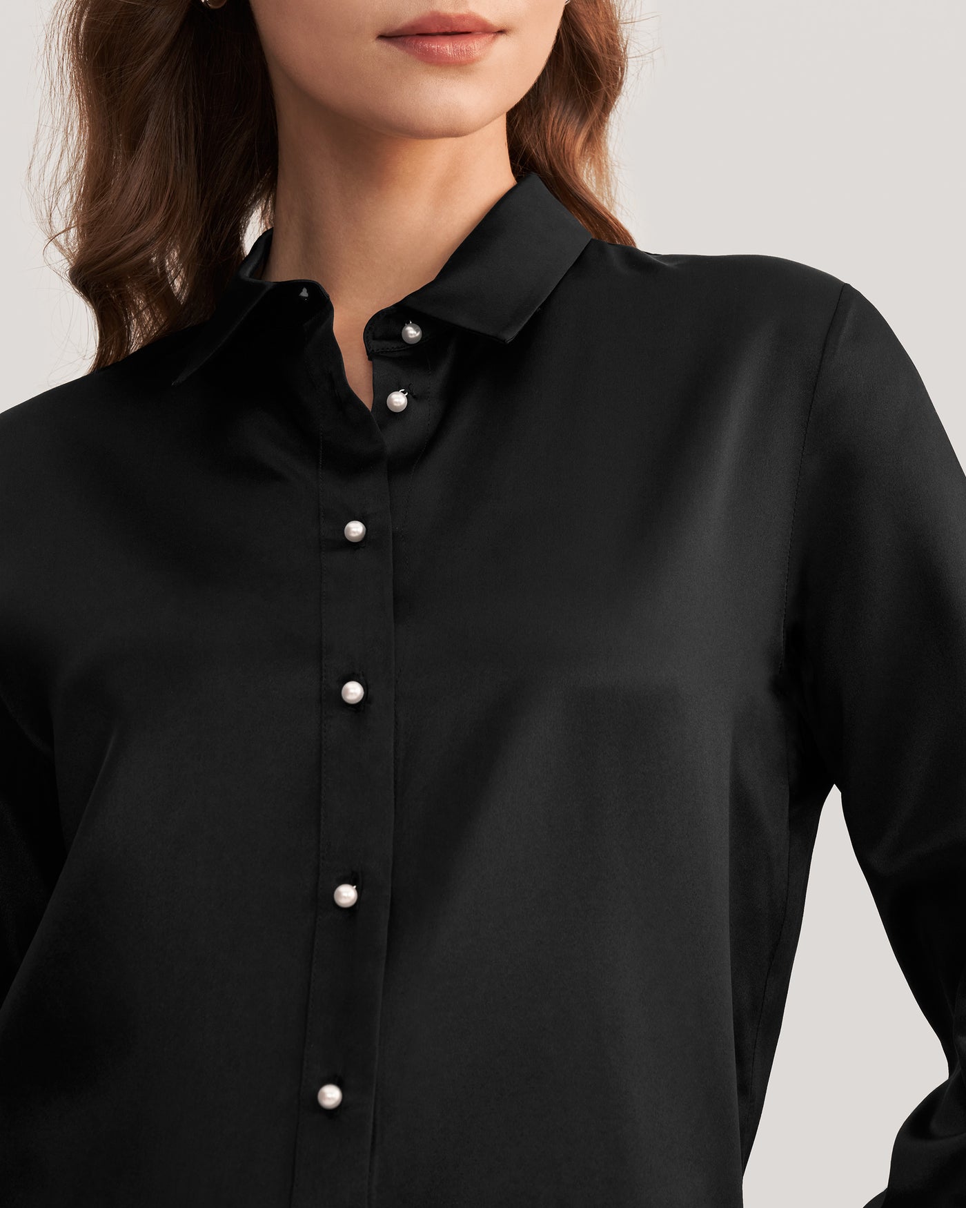 Classic Pearl Button Silk Shirt Black