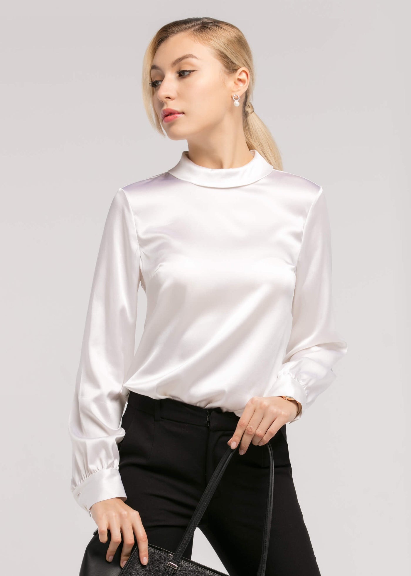 Stand Collar Long Sleeves  Silk Blouse