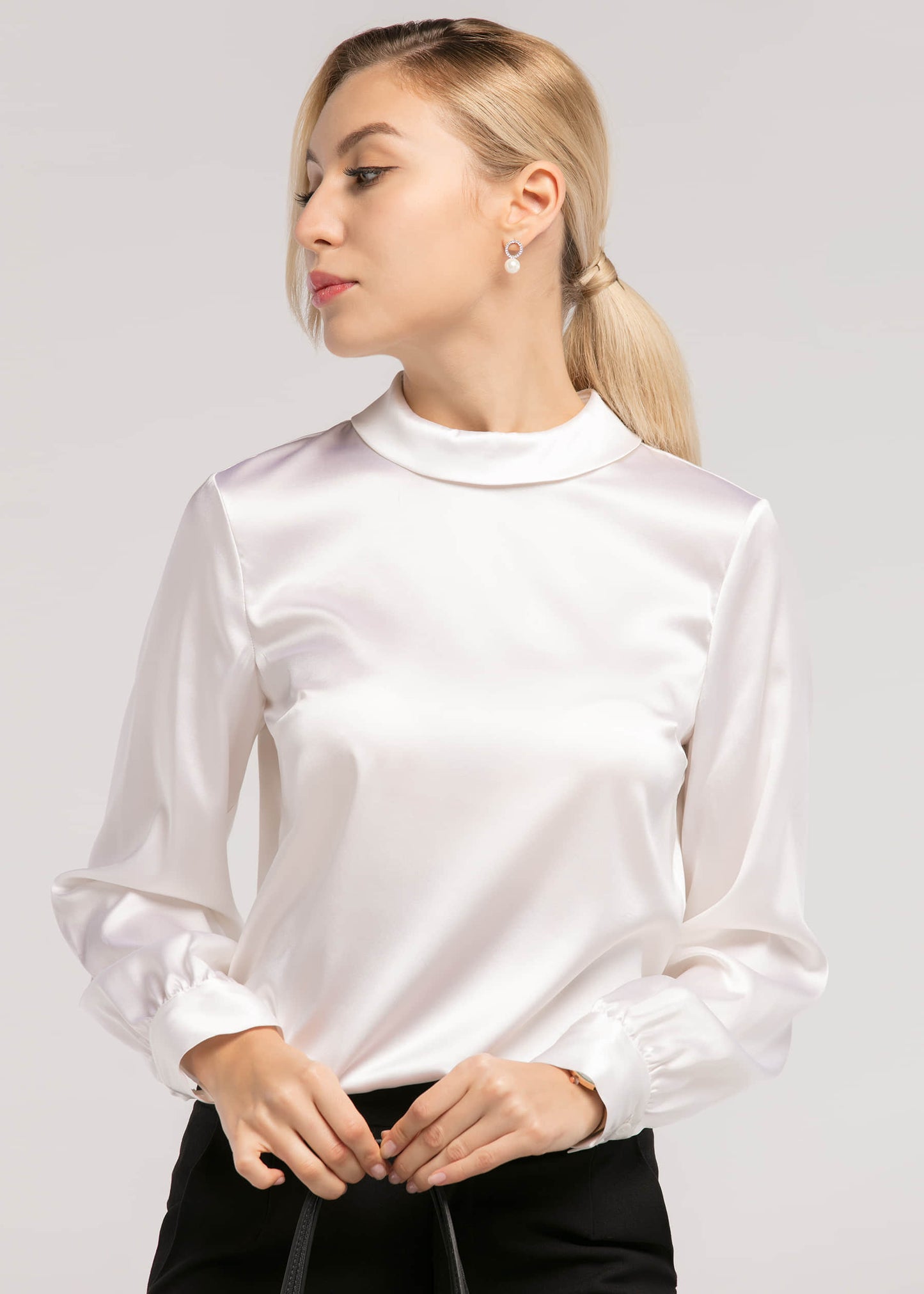 Stand Collar Long Sleeves  Silk Blouse