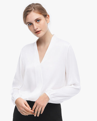 Relaxed Long Sleeve Surplice Silk Top White LILYSILK Factory