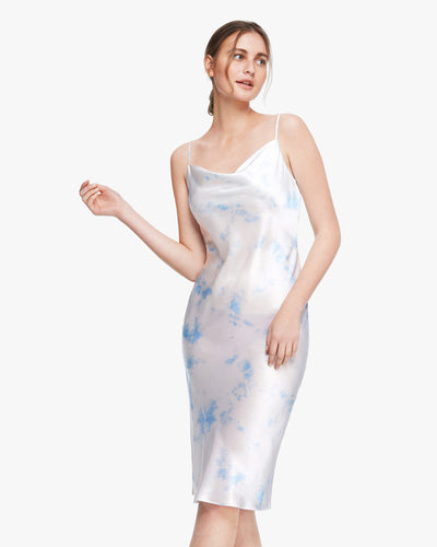 Watercolor Print Cowl Neck Silk Dress Blue White Watercolor L LILYSILK Factory