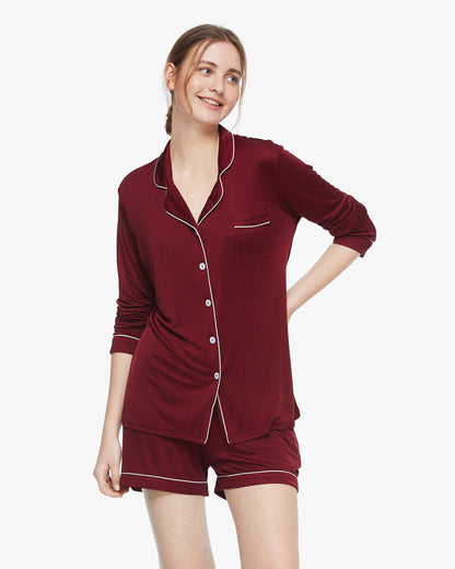 Trimmed Silk Women Long sleeve Pajamas Set Claret