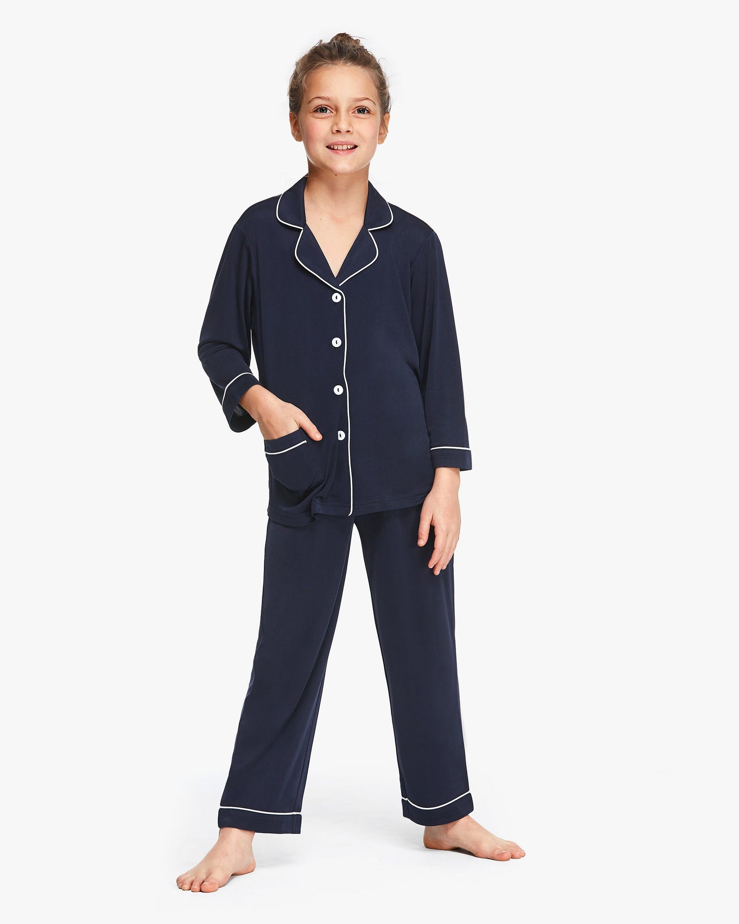 Long Sleeve Kids Silk Knitted Pajamas Navy Blue LILYSILK Factory