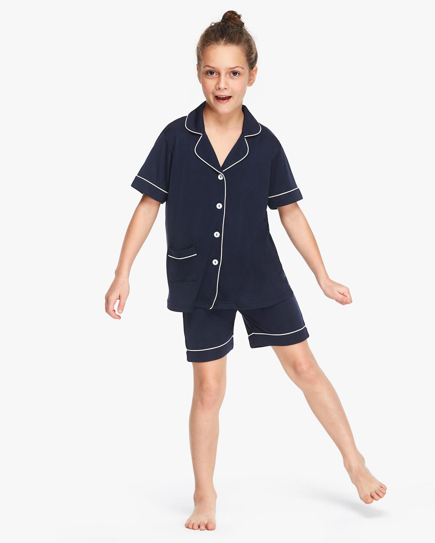 Chic Trimmed Kids Silk Knitted Pajamas Set Navy Blue LILYSILK Factory