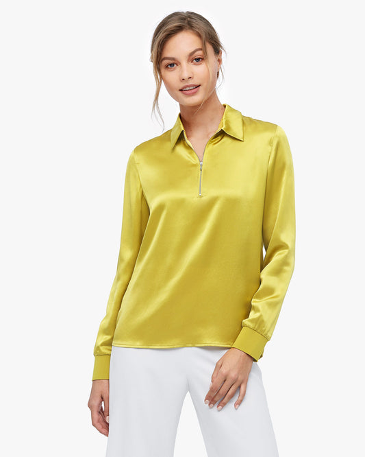 Lapel Zipper Premium Silk Blouse Zinnia Yellow LILYSILK Factory